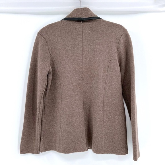 Calvin Klein Women's sz M Taupe/Black Open Front Knit Cardigan Faux Leather Trim - Picture 3 of 13